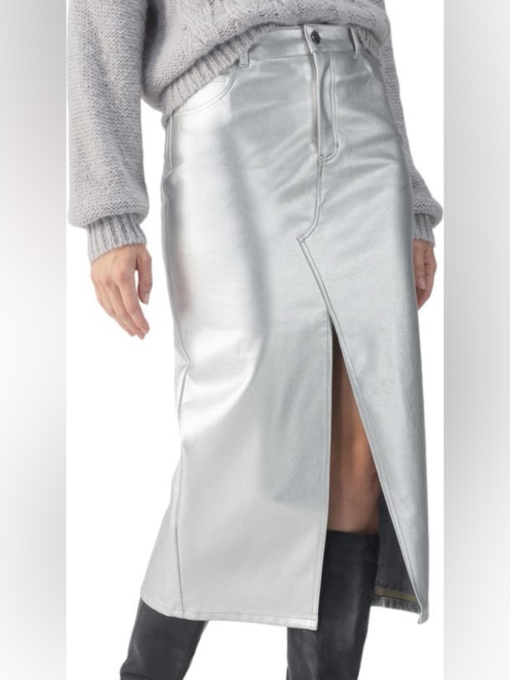 Sanctuary Silver Faux-Leather Midi Skirt with Front Slit